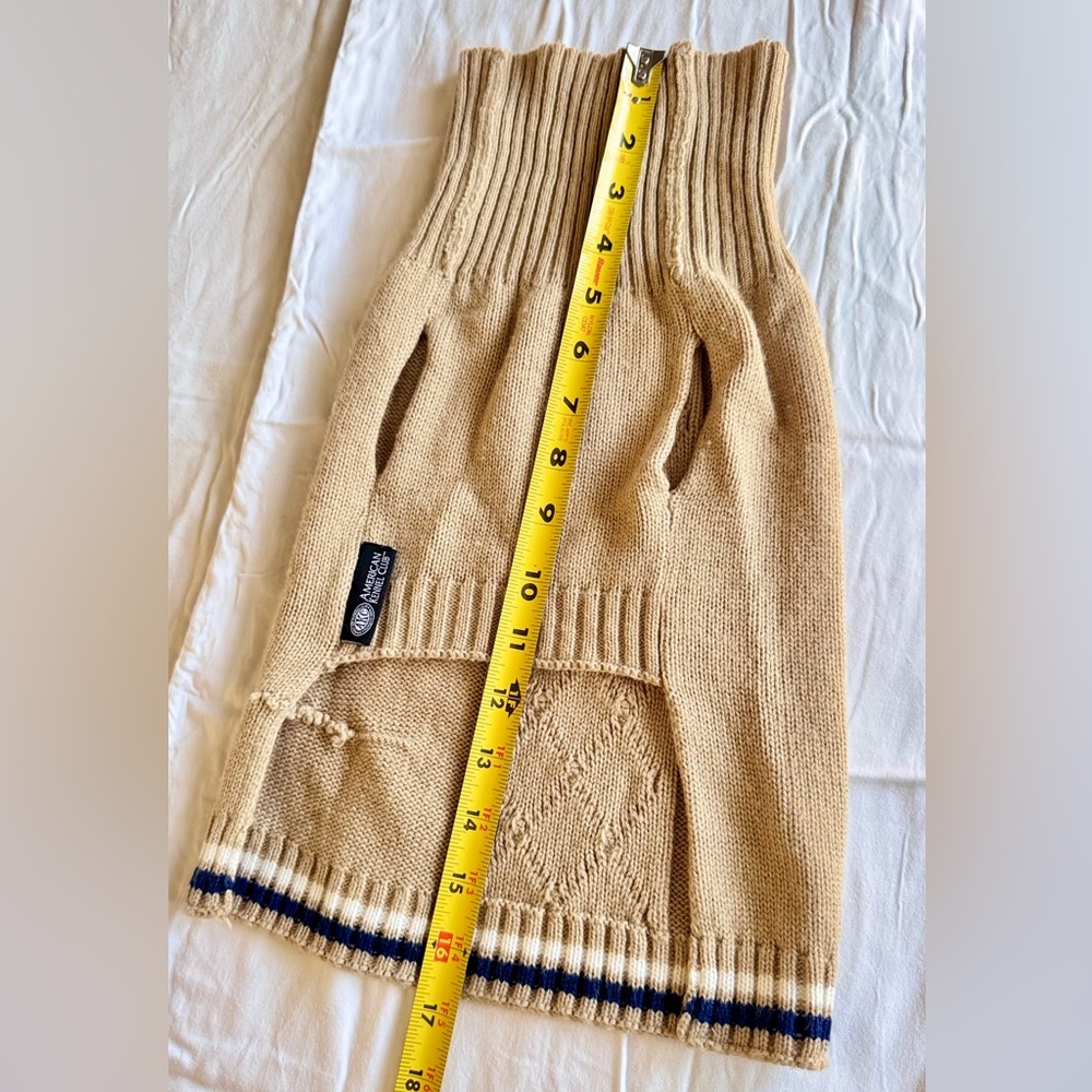 Tan Cable Knit Dog Sweater w Blue & White Stripes & Turtleneck - Picture 11 of 13